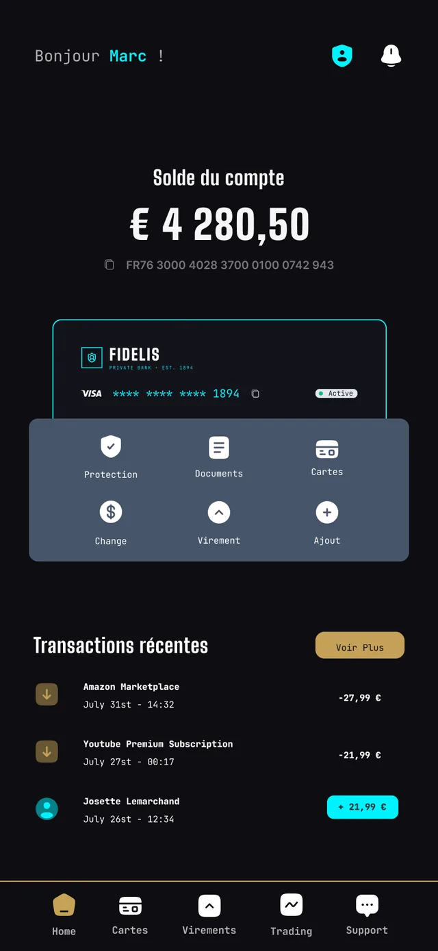 Application bancaire mobile — écran de solde de compte en thème sombre