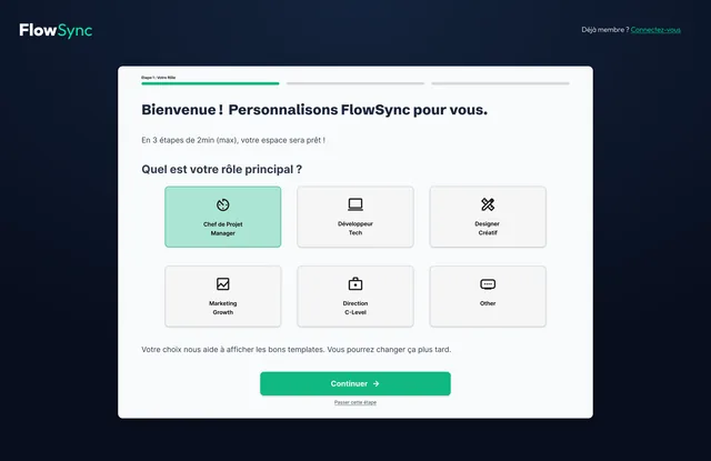 Onboarding SaaS FlowSync — étape de sélection du rôle utilisateur