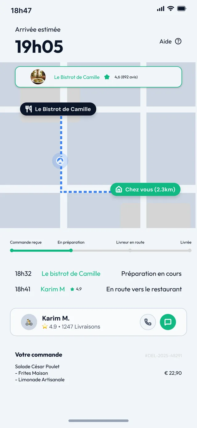 Application de livraison de repas — suivi de commande en temps réel