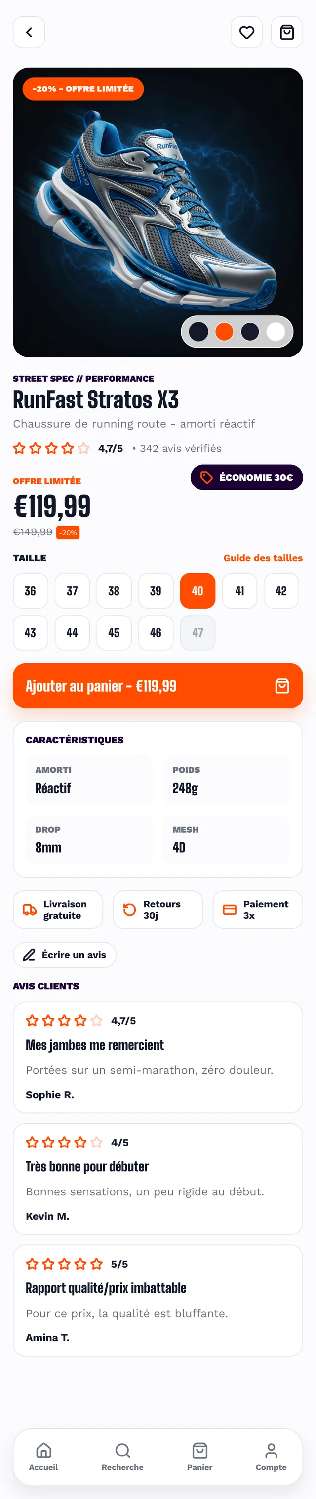 Fiche produit e-commerce mobile pour une chaussure de running